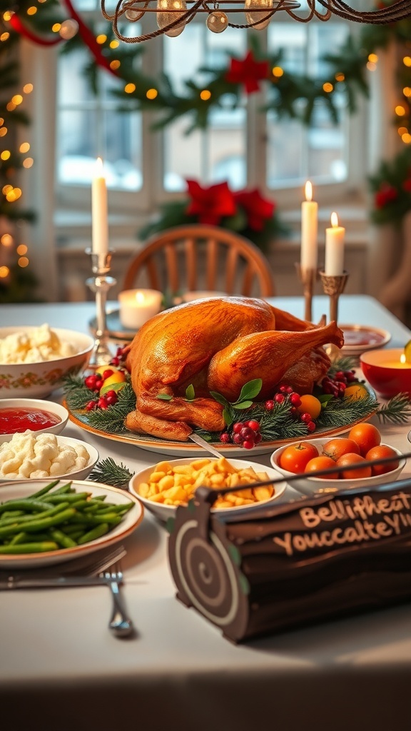 Delicious Christmas Dinner Recipes A festive Christmas dinner table with roasted turkey, side dishes, and dessert, decorated for the holiday.